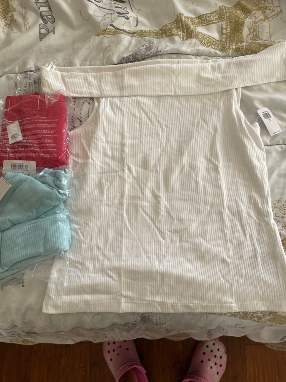 Old Navy Ribbed Off-Shoulder Tops in White, Light Blue, and Red